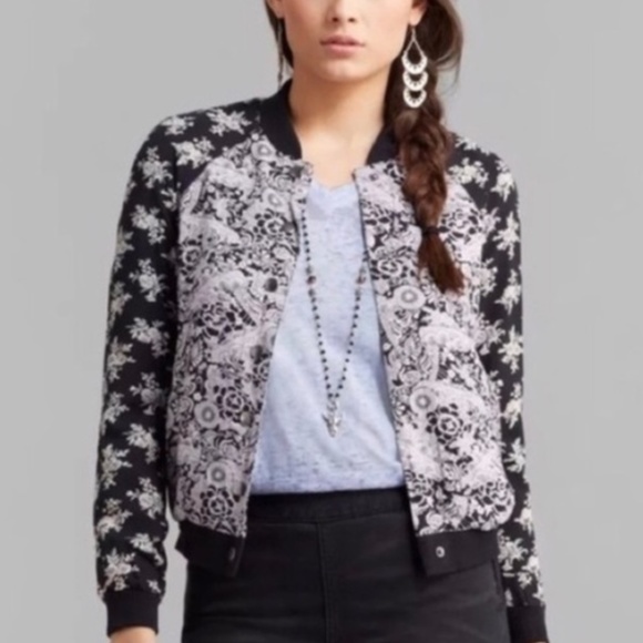 FREE PEOPLE Black Floral Snap Bomber Jacket S - Picture 2 of 13